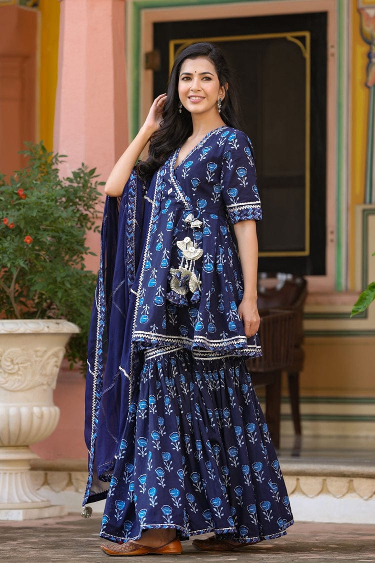 PoshArt's Indigo Blue Printed Sharara Set With Dupatta