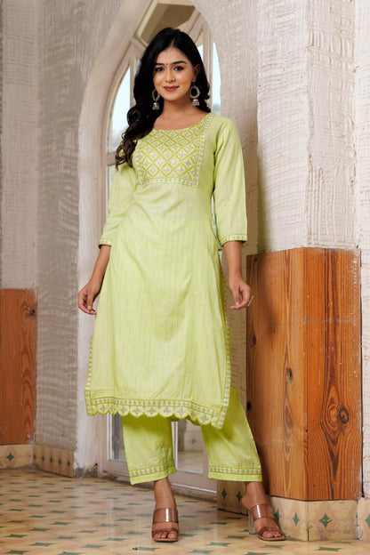 PoshArt Green Lurex Kurti Pant With Duptta Set