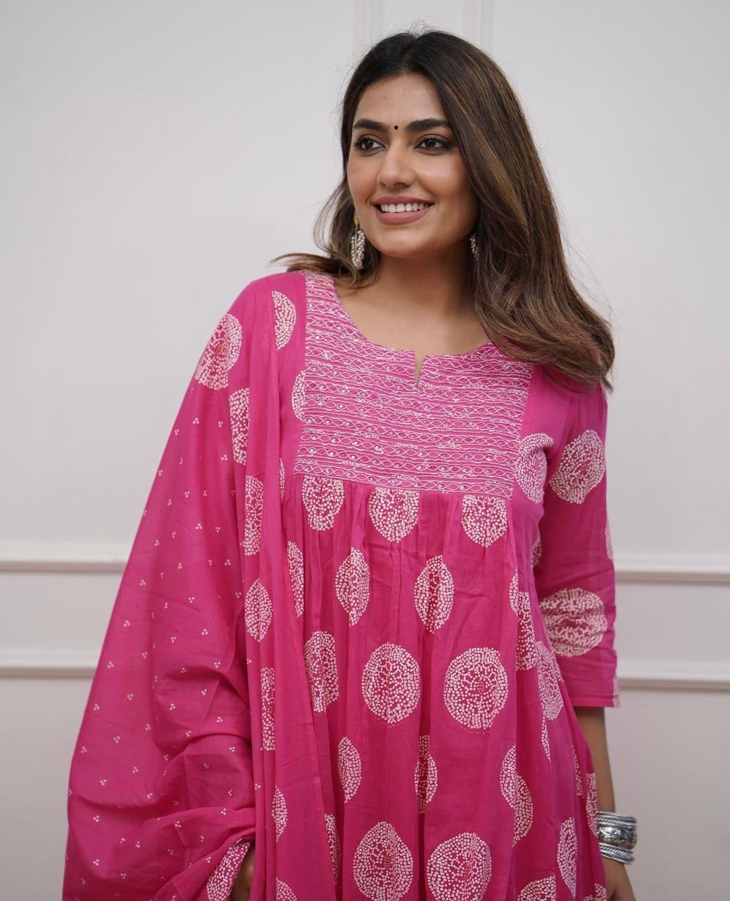 PoshArt Pink Bandhej A-Line Kurta Set With Dupatta