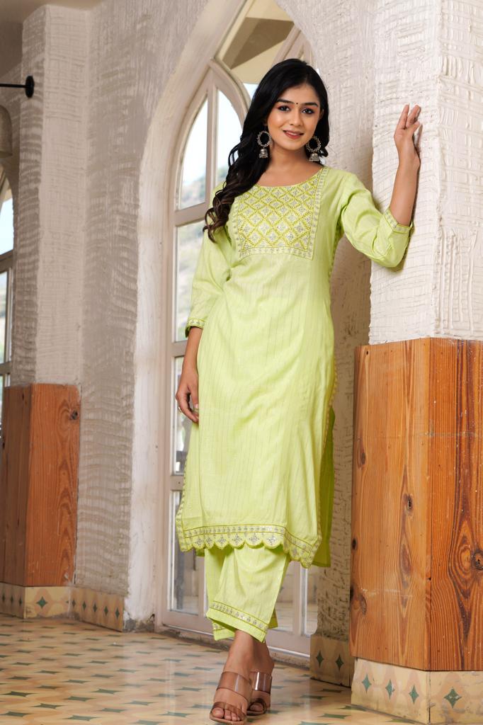 PoshArt Green Lurex Kurti Pant With Duptta Set