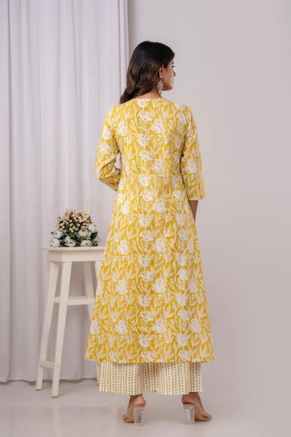 PoshArt Yellow Floral A-Line Kurta Set With Dupatta