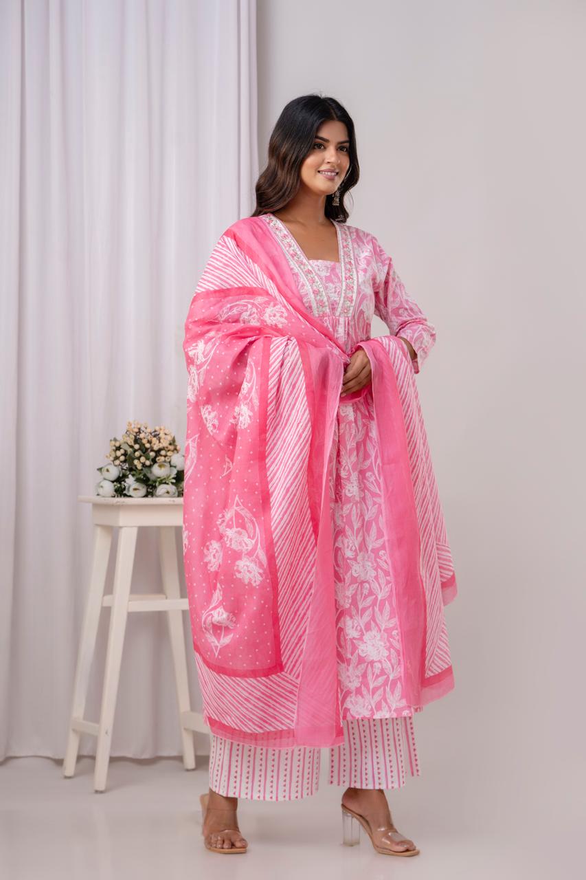 PoshArt Pink Floral A-Line Kurta Set With Dupatta