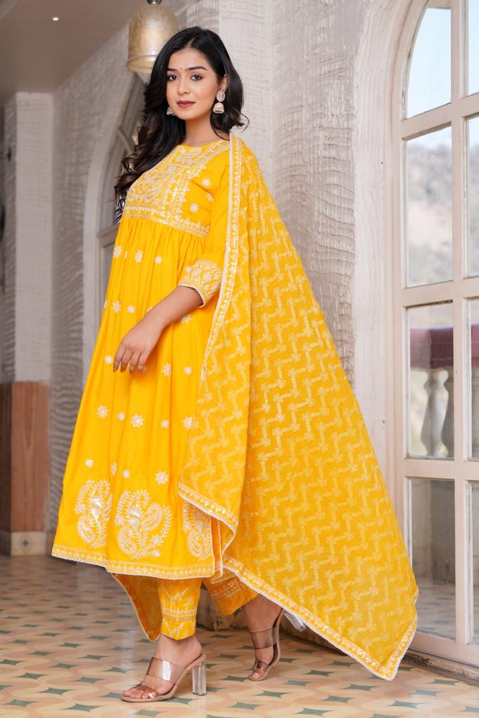 Poshart Yellow Embroidered Naira Cut Dupatta Set