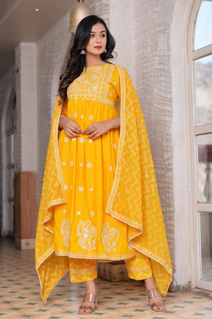 Poshart Yellow Embroidered Naira Cut Dupatta Set