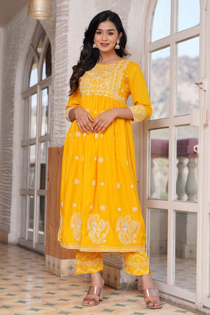 Poshart Yellow Embroidered Naira Cut Dupatta Set