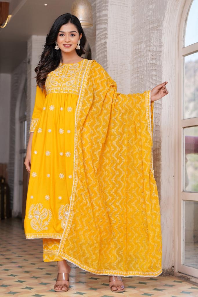 Poshart Yellow Embroidered Naira Cut Dupatta Set