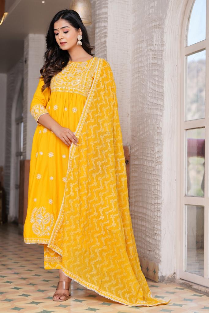 Poshart Yellow Embroidered Naira Cut Dupatta Set